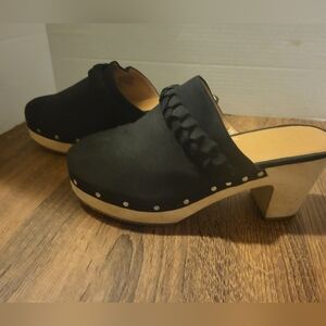 J. Crew Black Mules with Wooden Heel